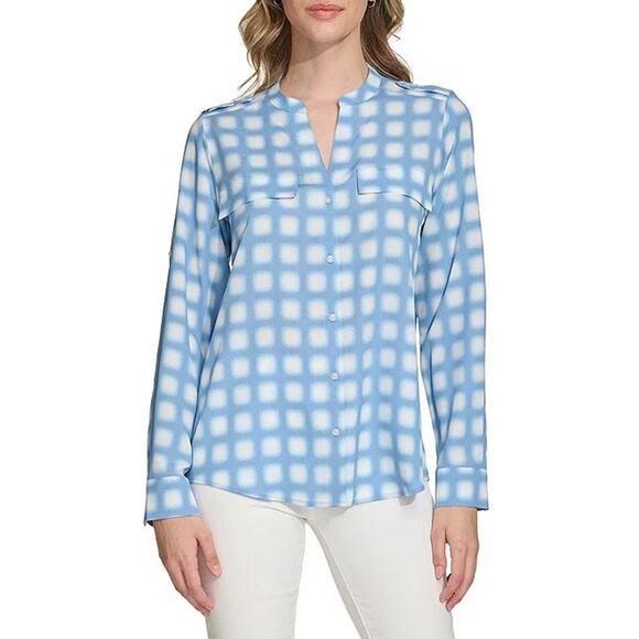 NWT Calvin Klein Blue White Gingham Split Neck Button Blouse Sz S Workwear Chic - Picture 1 of 4